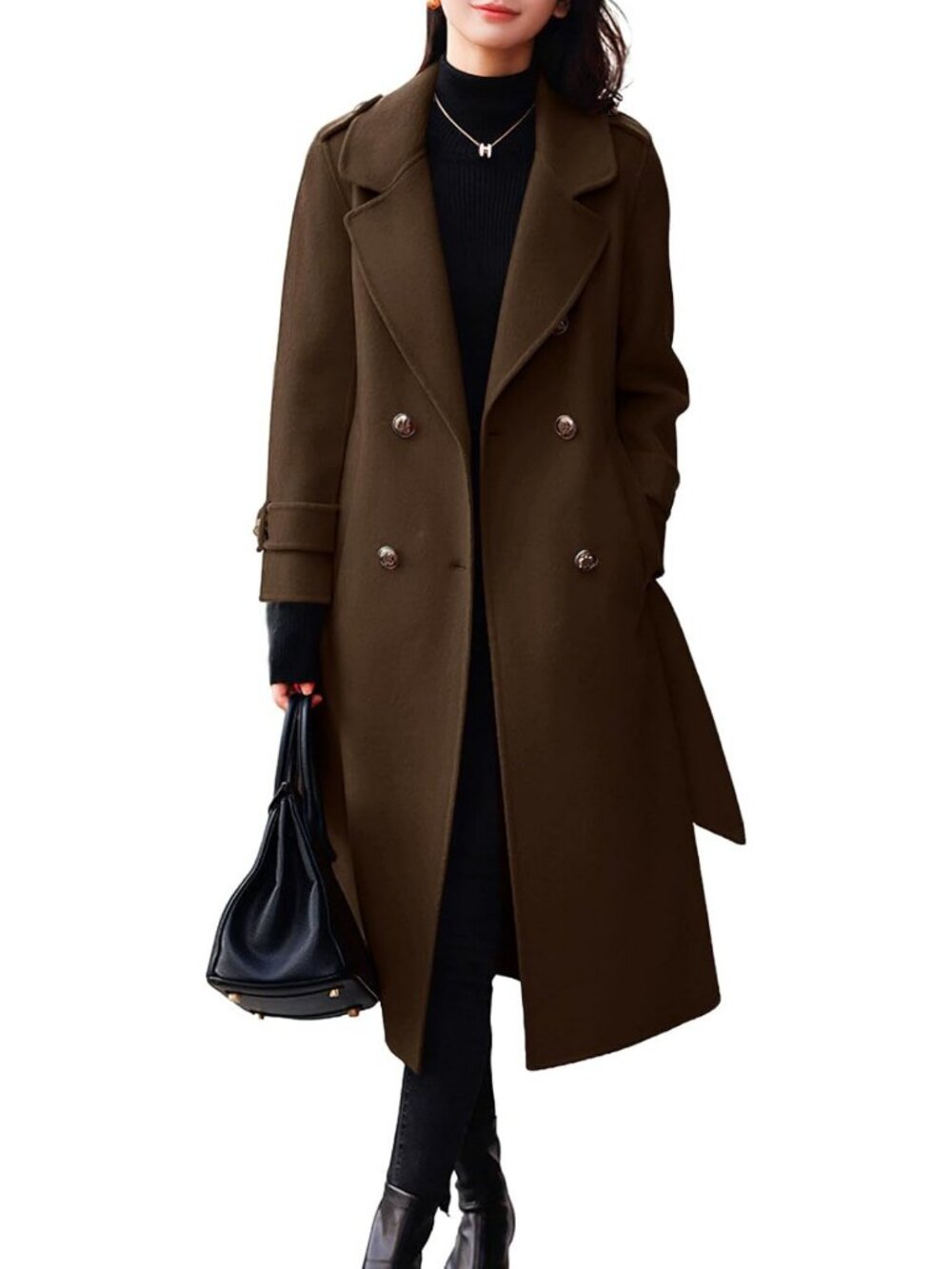 Stylish Women's Winter Belted Wool Coat - Double Breasted Midi Trench Peacoat